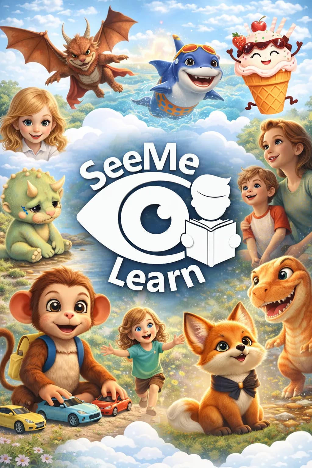 Illustrated children and characters reading personalised books