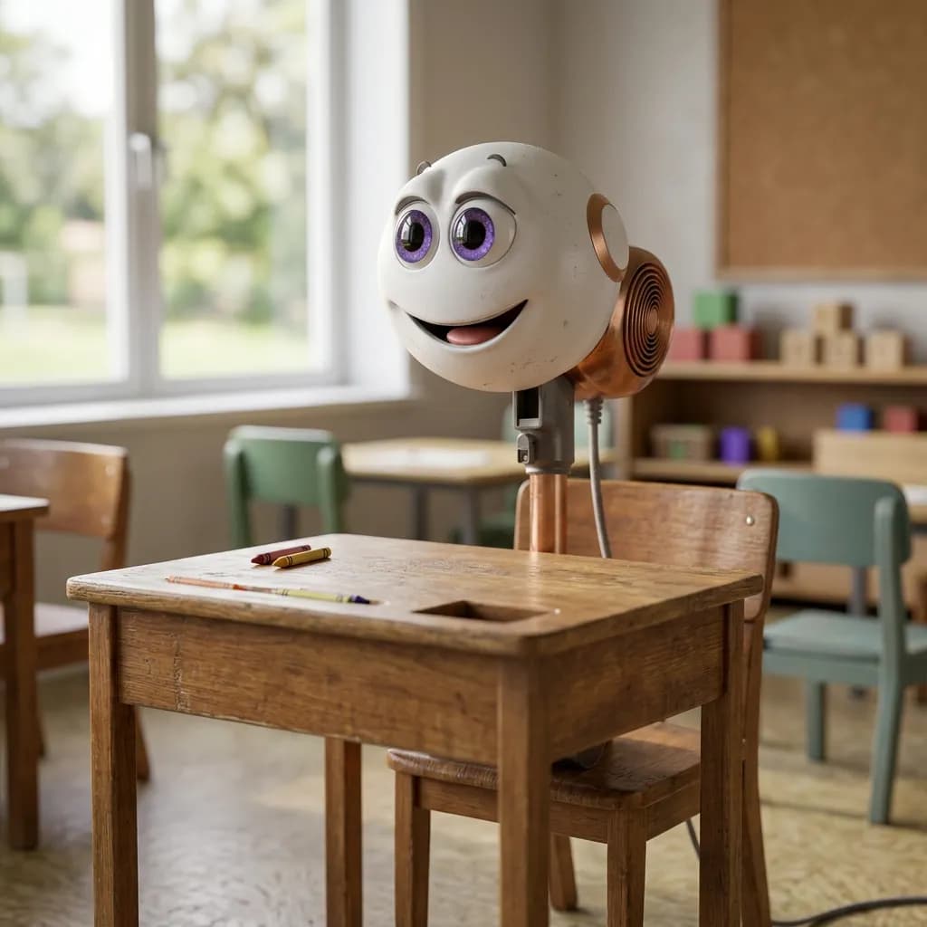 A friendly robot character sitting at a classroom desk