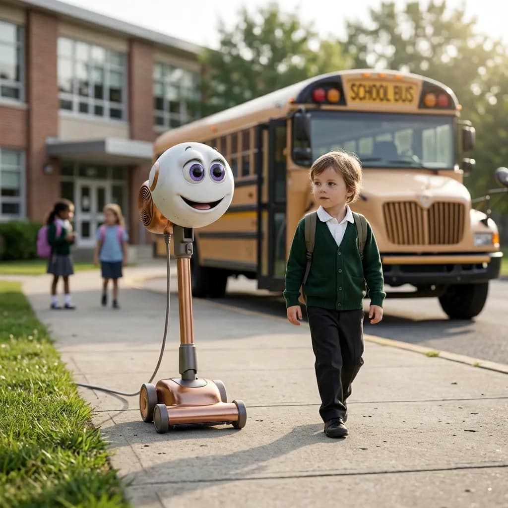 A robot character walking with a child outside a school bus