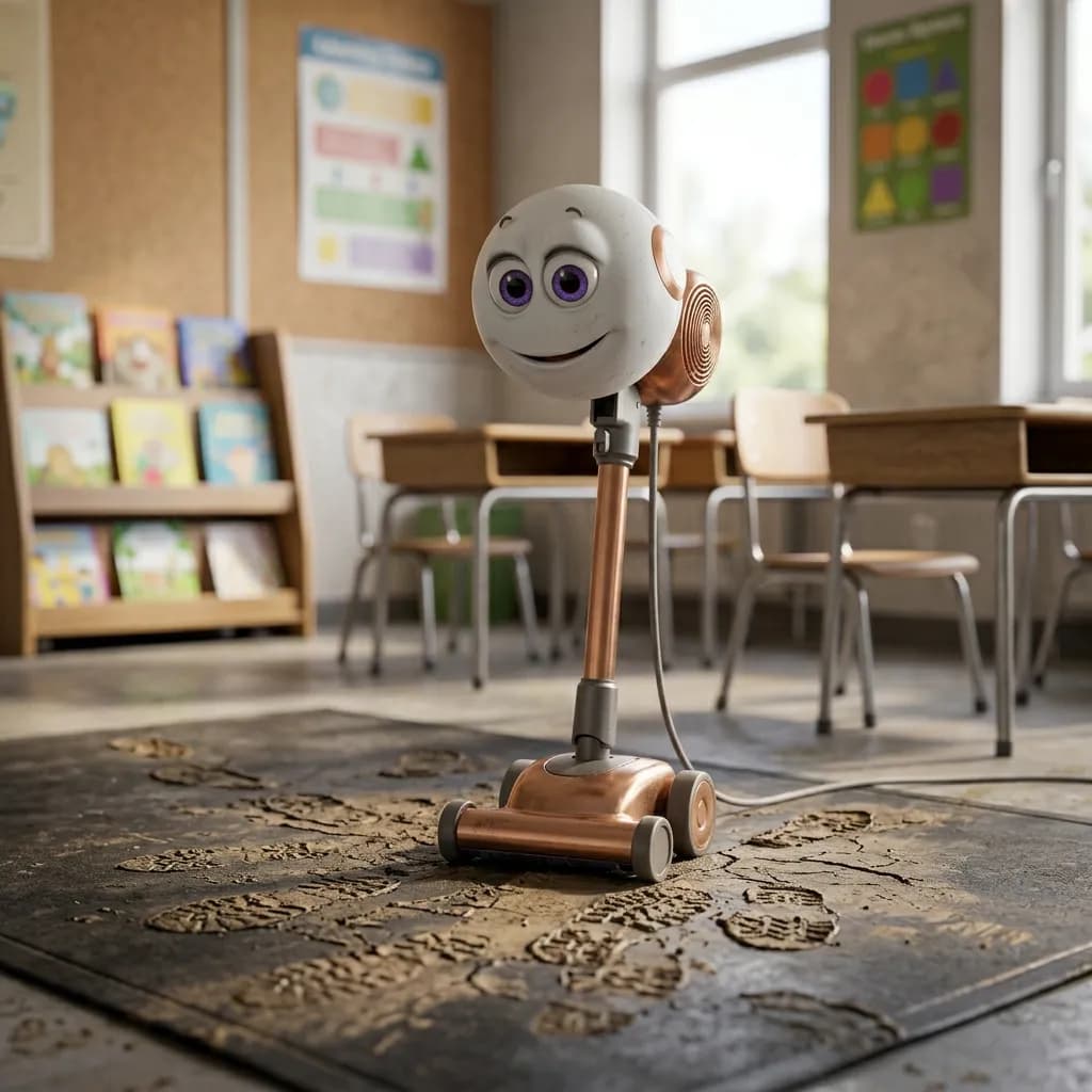 A robot character on a muddy classroom mat