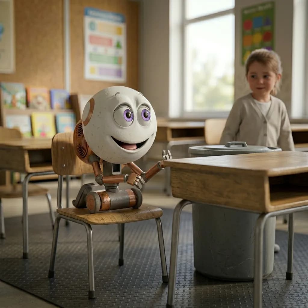 A friendly robot character sitting on a chair in a classroom with a child nearby