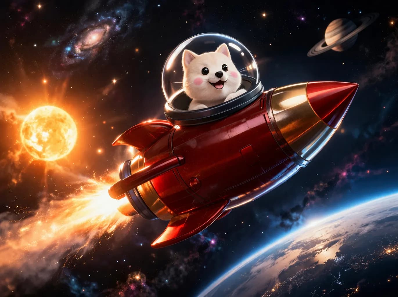 A vibrant personalised storybook page showing Leo in a rocket ship exploring space