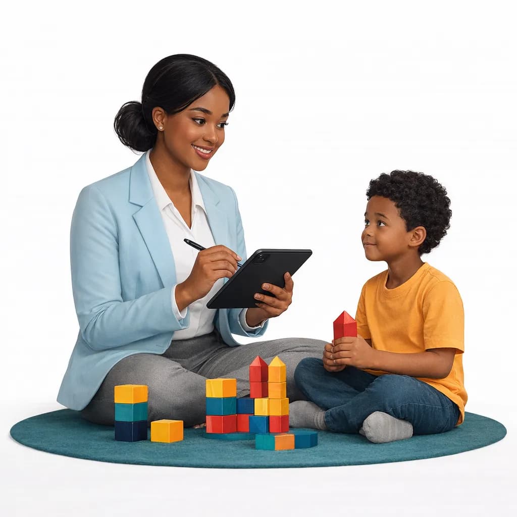 A therapist reviewing a personalised social story on a tablet