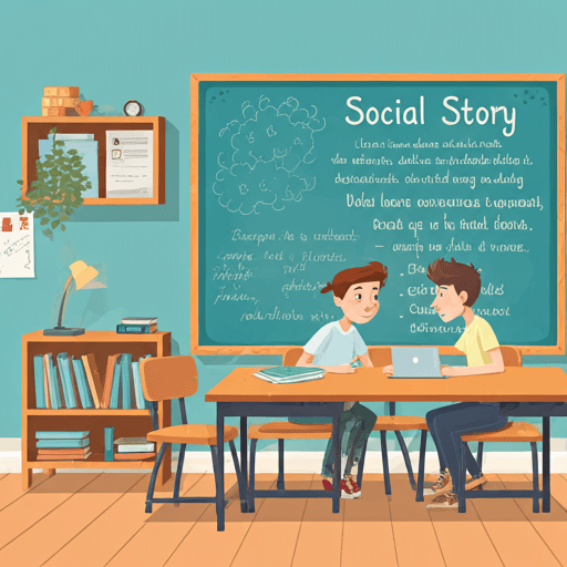 Children in a classroom scene from a social story