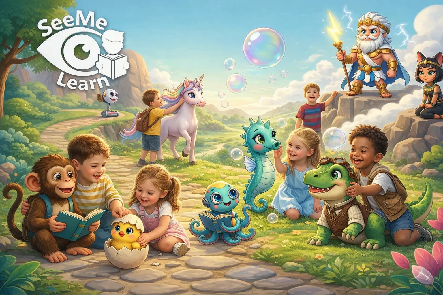 Children and storybook characters on a colourful adventure with the SeeMe Learn logo